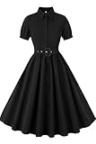 AXOE Damen Rockabilly Kleid 50er Jahre Vintage A-Linie mit Gürtel Knöpfen für Festliche Party Alltag Schwarz, Gr.40, L