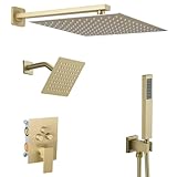 Heable Duscharmatur-Set Gebürstetes Gold Duschsystem, Druckknopf-Umsteller, Duscharmatur mit Handheld, Quadratische Wandhalterung, 30,5 cm Duschkopf mit 15,2 cm Wandhalterung Duschkopf