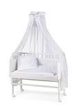 Waldin Baby Beistellbett mit Matratze und Stoffen, Höhen-verstellbar, Große Liegefläche 90x55cm, Weiß Lackiert, Weiß