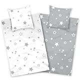 Aminata kids Bettwäsche 135x200 Sterne weiß grau Baumwolle Stern-Motiv, Reißverschluss weich & atmungsaktiv, Sommer-Bettwäsche-Set Jungen Mädchen - Wendebettwäsche