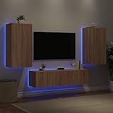 ILLUCIONE Schrankwand Wohnzimmer, 4-TLG. Wohnwand mit LED-Beleuchtung Sonoma-Eiche Holzwerkstoff TV-Wandschränke Hängend Wohnwand mit Farb-LED Reichlich Stauraum