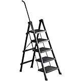 Tragbarer Tritthocker aus Stahl Klappleiter Mit Handläufen Kleine Trittleiter Mit Breiten Pedalen Mehrzweck-Stehleitern 330lb Leiter für Garten(Black,5 Step Ladder)