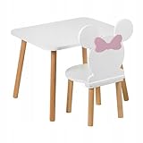 PlayPals Furniture Kindertisch und Kinderstuhl aus Holz, Miki Design mit Schleife, 50 x 60 x 47 cm, Spieltisch Set für Kinderzimmer, Basteltisch und Esstisch, Baby Möbel, Weiß