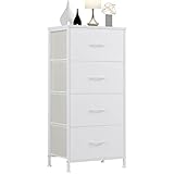 Sweetcrispy Kommode mit 4 Schubladen, Stoff Schubladenschrank, Schmal Schrank, Kommode Schlafzimmer, Industrial Stil für Wohnzimmer, Kinderzimmer, Flur Aufbewahrungsschrank, weiß