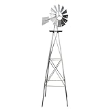 Wiltec Windrad mit 245 cm Höhe, Windmühle in Silberfarben, Windspiel im US-Design, Gartendeko mit kugelgelagertem Texasrad, Rankhilfe für Garten