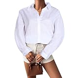Damen Bluse Langarm V-Ausschnitt Hemd Leinenbluse Button Down Oberteile Revers Kragen Shirt Musselin Bluse (DE/NL/SE/PL, Alphanumerisch, 3XL, Regular, Regular, Weiß)