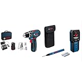 Bosch Professional 12V Akku-Bohrschrauber GSR 12V-15 (2x2.0 Akku, Ladegerät, 39tlg.-Zubehör-Set) & Ortungsgerät GMS 120-27 (max. Detektionstiefe Metall/Leitungen: 120mm/50mm, Markierstift)
