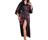 MKLQLS Vintage-Bademantel mit Rotem Pflaumenblütenmuster für Damen,Japanischer Stil,Halbärmeliger Seidenkimono,Leichter,Eleganter,Lockerer Bademantel mit V-Ausschnitt,Schwarz,Größe M