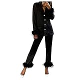 Damen-Schlafanzug, langärmelig, einfarbig, Knopfleiste, Camis-Tops + lange Hose, 2 Nachtwäsche, Winter-Set, Damen-Nachtwäsche, Schwarz , XL