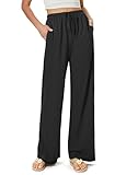 Glacspyg Damen Hosen Flowy Wide Leg Freizeithose Casual Beach Strandhose High Waisted Kordelzug Palazzo Hosen mit Taschen Schwarz S