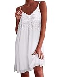 Zeagoo Spitze Kleid A Linie Damen Sommerkleid mit Fransen Minikleid Strandkleid Bohemian Spaghetti Trägerkleid V-Ausschnitt Boho Kleid Weiß L