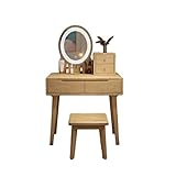 Nordic Schminktisch-Set aus Massivholz mit 4 Schubladen, Hockerleuchten und ovalem Spiegel für Schlafzimmer, Make-up (Holzfarbe)
