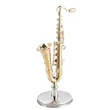 Messing Saxophon Modell | Vergoldetes Mini-Saxophon Ornament, 9,5cm & 14,5cm Sammelbares Musikinstrument mit Ständer für Anzeige, Wohnkultur, Weihnachten, Geburtstag, Erwachsene, Kinder