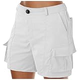 Generisch Damen Lockere Einfarbige Minihose Sommer Strand Shorts Knöpfe Kurze Hotpants Cargo Shorts (White XL)