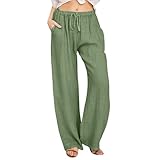 Generisch Damenhose mit hoher Taille und weitem Bein modische elastische Hose mit Kordelzug Bequeme Lange Hose mit geradem Bein und Taschen (Light Green S)