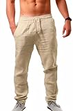 Cegerne Herren Leinenhose Lang Leicht Sommerhose Mittelalter Loose Fit Casual Freizeithose für Urlaub Strand Alltag, Beige, L