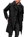 Runcati Herren Mantel Zweireiher Trenchcoat Langes Revers Business Jacke mit Gürtel, Schwarz , XXL