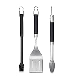 Weber Premium Grillbesteck, 3-teilig, aus Edelstahl, bestehend aus Grillzange, Wender und Pinsel, mit praktischen Henkeln, spülmaschinenfest - Silber (6764)