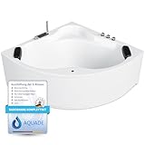 AQUADE Acryl Eckbadewanne 150x150 Hergеstellt in Dеutschland Modell: Essen - Weiß Badewanne Komplettset mit Schürze + Wannenfüßen + Ab-Überlaufgarnitur + Led + Wannenrandarmatur + Nackenkissen