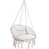 DETEX® Hängesessel mit 2 Kissen bis 150 kg Belastbar Ø60cm 360° Schaukeln Indoor Outdoor Hängestuhl Hängeschaukel Hängesitz Boho Style Creme