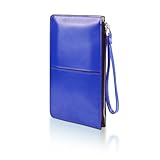 AdiStylinno Damen-Geldbörse, große Kapazität, schmale Handygeldbörse, Leder, Kreditkartenhalter, Handgelenktasche mit mehreren Kartenfächern, Reißverschlusstasche und Handgelenkschlaufe, blau, 21 x