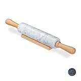 Relaxdays Nudelholz Marmor, Griffe aus Holz, Teigroller zum Kochen & Backen, mit Ablage, 48 cm, schwere Backrolle, weiß