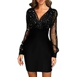 Mini Langarm Kleid Damen Mesh Elegante Pailletten Kleid Kurze Eng Spitzen Kleider Abendkleid Damen Figurbetontes Lange Ärmel Tüll Partykleid Moden Hohe Taille Wickelkleider(Schwarz XL)
