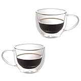 QLESHINING Hochwertige Glas-Kaffeetassen mit Griff, doppelwandig, transparent, für heiße und kalte Getränke, perfektes Design für Americano, Cappuccino, Tee und Getränke, 280 ml, 2 Stück