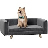 PawHut Hundesofa, Hundebett mit Erhöhtem Design, abnehmbarem und waschbarem Bezug, Haustiersofa mit Holzbeine, für kleine und mittelgroße Hunde, Grau