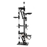 Wiltec Kratzbaum 240-260 cm schwarz/weiß, Katzenkratzbaum deckenhoch mit Sisal, Kletterbaum für Katzen, Deckenspanner Katzenbaum mit Hängematten