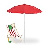 Relaxdays Sonnenschirm, Ø 160 cm, knickbar, höhenverstellbar, UV-Schutz, Strandschirm mit Tasche, Strand & Balkon, rot