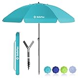 BelleMax Sonnenschirm Strand Windfest Stabil mit Bodenhülse knickbar Sonnenschirm klein Rund Strandschirm Gartenschirm Marktschirm Sonnenschutz UV50+ Türkis 160CMx8K