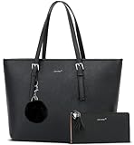 TAN.TOMI Handtasche Damen Set Schwarz Tasche Mit Geldbörse für Büro Schule Einkauf Handtasche Damen Groß Mit Quasten Damen und Pelz Kugel Plüsch Schlüsselring.