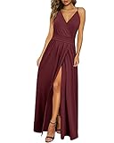 Newshows Sommerkleid Damen Lang Maxikleid Sommer V Ausschnitt Kleid Schlitz Freizeitkleid Elegant für Hochzeitsgast (Dunkelrot, Groß)