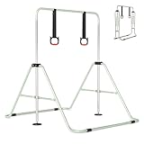 GYMAX Gymnastik Turnreck Indoor, faltbares Gymnastikstange mit Ringen & Verstellbarer Höhen, Turnstange Kinder, Reckstange, Heimtrainingsgerät für 3-12 Jahre alte Kinder (Beige)