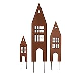 UNUS Garden Häuser Gartenstecker 3er Set, Gartendeko Rostoptik, Roststecker aus Edelrost Metall, Rost Deko für Garten, Terrasse, Balkon oder Blumentopf