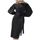Damen Wickelkleid Elegantes Laternenhulse Bleistiftkleid Rundhals Midikleid Knielang A-Linie Kleider Einfarbig Autumn Winterkleid Weich und Bequem Cocktailkleid mit Bow Belt