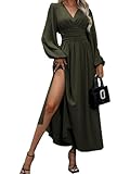 LUVCES Kleid Damen Elegant V Ausschnitt Plissiert Hohe Taille Langes Wickelkleid Laternenärmel Seitenschlitz Maxikleid für Damen Armeegrün L