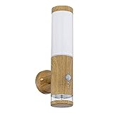 GLOBO LIGHTING Außenlampe Bewegungsmelder Edelstahl Aussenleuchte mit Bewegungsmelder Wandlampe Aussen Edelstahl, Holz Optik mit Deko LED, 1x E27, BxH 8,5 x 35 cm
