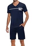 Marvmys Herren Schlafanzug Kurz Pyjama Baumwolle V-Ausschnitt Nightwear Sommer Nachtwäsche Pyjamaset Kurzarm T-Shirt Schlafanzughose Shorty