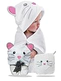 HECKBO Baby Handtuch Kapuze Maus inkl. Waschlappen, ab 0 Jahren, Neuheit: 2 Druckknöpfe, Baby Geschenk Mädchen Jungen, weiches saugfähiges Material 90x100cm Kinder Badetuch Bademantel Kapuzenhandtuch