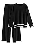 Yuson Girl Zweiteiler Damen Elegant Hausanzug 2 Stück Strickanzug aus Langarm Bequeme Freizeitanzug Gerippt Lounge Sets Strickpullover mit Weites Bein Elastische Taille Hose Sportanzug(Schwarz, XL)