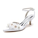 Knöchelriemen Schnalle Braut Hochzeit Schuhe Spitze Abschlussball Strass Schuhe Perle Kleid Party Sandalen,Weiß,43 EU