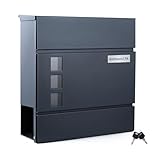 Zedelmaier Personalisiert Briefkasten mit Edelstahl Namensschild Wandbriefkasten Postkasten Briefkästen mit Zeitungsfach 2 Schlüsseln und Schloss Mailbox Anthrazit personalisierbar 33 X 31 X 10 cm