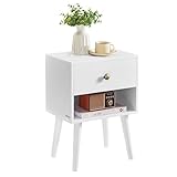 VASAGLE Nachttisch, Beistelltisch mit Schublade und offener Ablage, Holzbeine, Couchtisch für Wohnzimmer, Schlafzimmer, Sofa, schneeweiß LET655W01