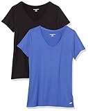 Amazon Essentials Damen Tech-Stretch-T-Shirt mit kurzen Ärmeln und V-Ausschnitt (erhältlich in Übergröße), 2er-Pack, Kräftiges Blau/Schwarz, L