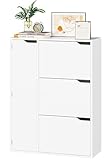 IRONCK Schuhschrank mit 3 Klappen, Schuhkipper Schmal mit Tür, Schuhregal Flur freistehend, Schuhkommode mit verstellbaren Trennwände, Schuhablage Schrank für Eingang Wohnzimmer, 77x30x112cm, Weiß