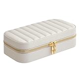 SONGMICS HOME ANAH Kollektion - Schmuckkästchen Reise, Schmuckbox klein, Schmuckaufbewahrung mit Spiegel, 10,5 x 20,5 x 6 cm, PU mit Nähten, Reißverschluss, Weihnachten, wolkenweiß JBC180W01