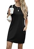 GRECERELLE Kleider Damen Sommer Kurzarm Strandkleid A-Linie Elegant Rundhals Sommerkleider mit Taschen Einfarbig Summer Dress Tshirt Kleid Leicht und Luftig Freizeitkleider (Schwarz, L)
