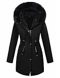CMTOP Winterjacke Damen Lange Fleece Gefüttert Warm Wintermantel Wasserdicht Winddicht Damen-Jacken Dicke Winterparka Elegant Weich Fleecejacke Plüschjacke mit Fellkapuze, Taschen(Schwarz,XL)